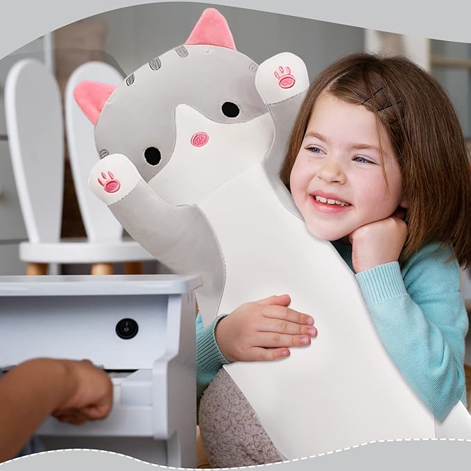 Long Cat Plush Pillow, 19.6in Cute Cat Plushie Stuffed Animals Body Pillow, Grey Kawaii Kitten Soft Plushie Doll Toy Birthday Gift for Kids Girlfriend