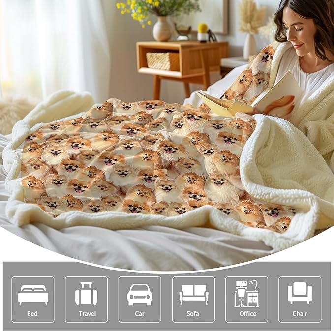 BlessLiving Pomeranian Blanket for Adults Women Twin Size Fuzzy Dogs Blanket Cute Puppy Fleece BlanketAnimal Pattern Sherpa Plush Bed Cover Couch Throw (60 x 80 Inches)