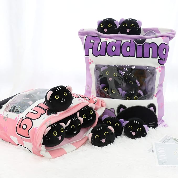 Plush Pillow Throw Pillow, Removable Black Cat Stuffed Animals Plush Toys, Bag of Cat Plushies, Stuffed Cat Plush Pillow Gift for Kids Sofa Chair Decorative Pillow, 8 Cute Black Cat (Purple)