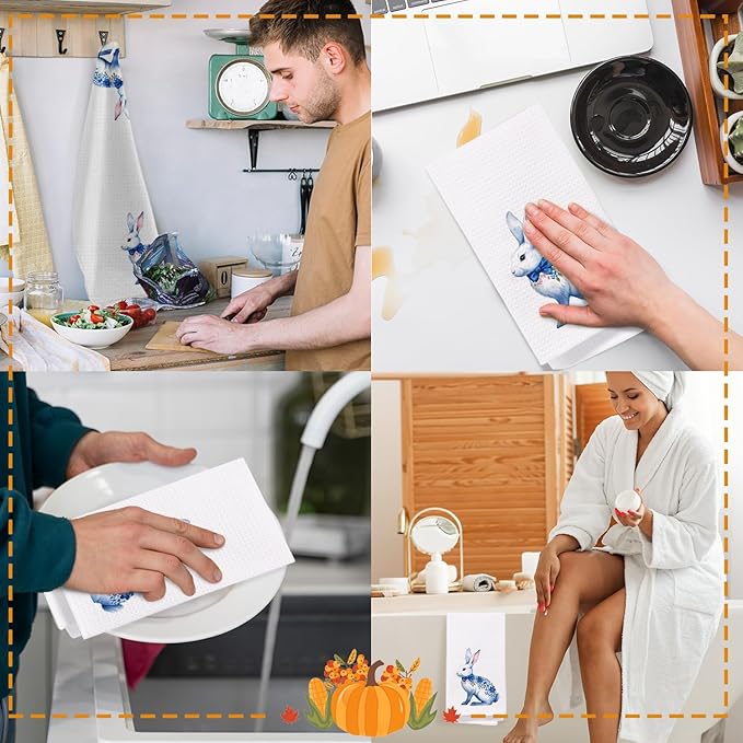 SPBL&L Easter Chinoiserie Hand Towel, Blue Floral Bunny Hand Towels for Bathroom, Easter Kitchen Bathroom Decor,Bunny Decor, 16x24 Inches