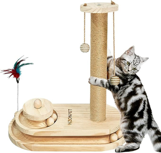 NZONPET Cat Scratching Post 16.54" Tall Scratch Post Premium Sisal Rope Scratch Posts for Kitten and Adult Cats All Natural Rope Wooden Ball Track Interactive Toy with Dangling Balls