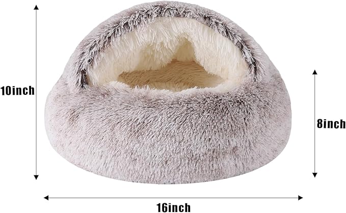 Round Hooded Cat Bed & Dog Bed with Cover Cave, Dog Bed for Small Dogs, Faux Fur Cuddler Round Coved Cat Bed Self Warming Donut Dog Bed Fits up to 5 lbs Pets(Coffee, 16inch x 16inch)