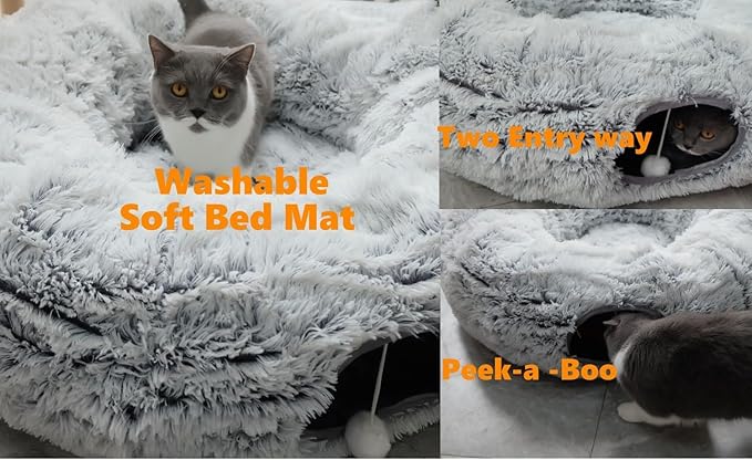 Plush Cat Tunnel Bed with Central Mat for Indoor Cat Kitten Puppy Rabbit,Under Christmas Tree Soft Plush Cat Play Tunnel, Peephole and Hanging Ball