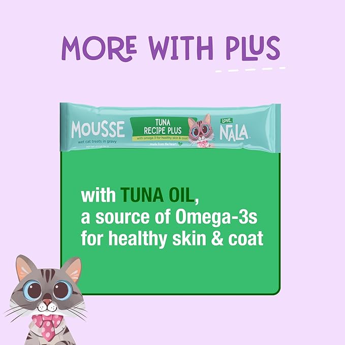 LOVE, NALA -Brain & Heart Health - Tuna Plus Omega 3 Mousse - Wet Food Cat Puree - Lickable Cat Squeeze Up Treat, Topper - Grain Free, Fiber, Minerals, Vitamins - 4 Pack 2 oz.