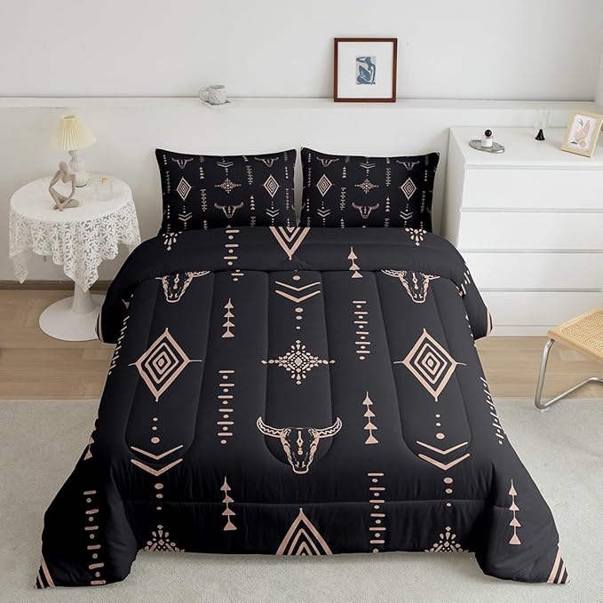 Bull Skull Comforter Set King Boho Bedding Ethnic Horns Bohemian Bedding Comforter Sets Black Brown Tribal Symbol Mysterious Aztec Bedroom Decor Abstract Geometric Duvet Insert for Men Boys