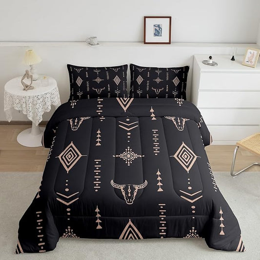 Bull Skull Comforter Set King Boho Bedding Ethnic Horns Bohemian Bedding Comforter Sets Black Brown Tribal Symbol Mysterious Aztec Bedroom Decor Abstract Geometric Duvet Insert for Men Boys