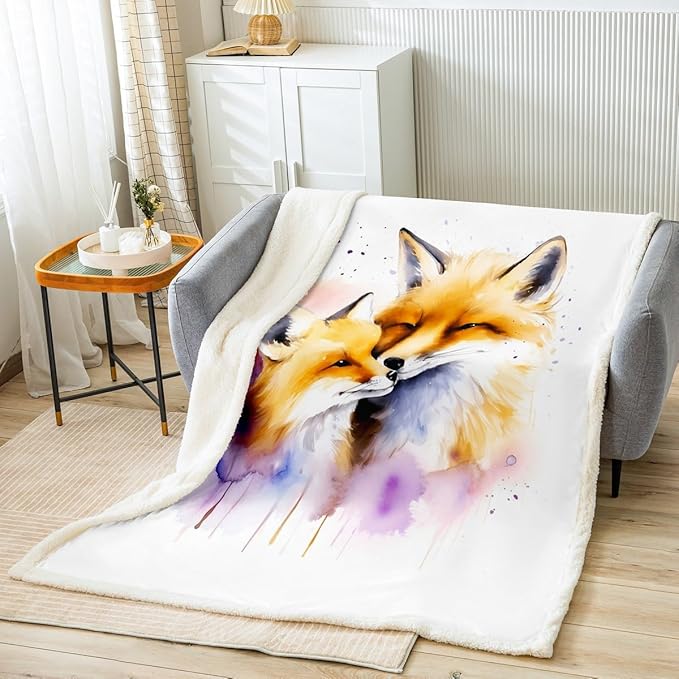 Cute Fox Plush Blanket Cartoon Fox Fleece Throw Blanket 3D Animal Theme Sherpa Blanket for Sofa Couch Bed Nature Microfiber Fuzzy Blanket Room Decor Twin 60x80 Inch