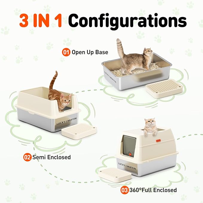 3 in 1 Premium Stainless Steel Cat Litter Box with Removable Lid, Enclosed XL Extra Large High-Sided Metal Box for Big Kitty with Scoop, Top Entry, Odor Control, Anti-Leakage, Non-Sticky & Easy Clean