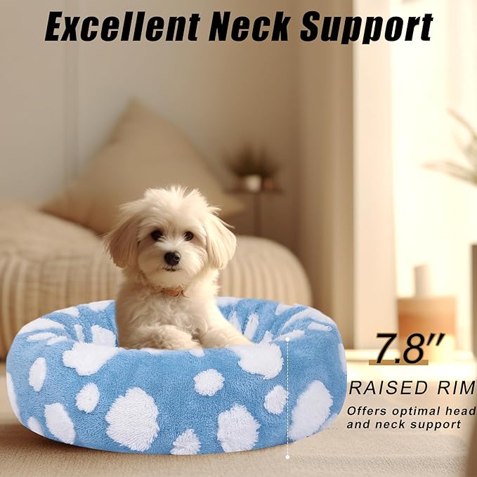 Calming Dog Bed, Dog Beds Fits up to 25 lbs Pets, Fluffy Donut Dog & Cat Bed Washable, Round Anti Anxiety Dog Bed, Small Dog Bed with Non-Slip Bottom (Blue, 24" x 24")
