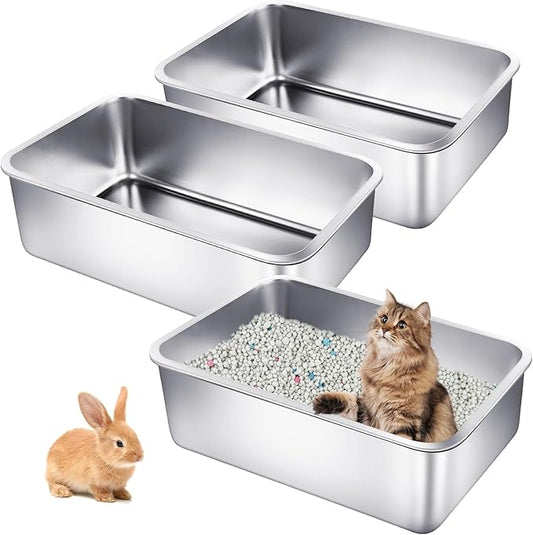 3 Pack Stainless Steel Cat Litter Boxes 17.7"L x 13.8"W x 5.9"H Large Metal Litter Boxes with High Sides Sturdy Kitty Litter Aluminum Pans for Pets No Smell, Non Stick, Easy to Clean (M)