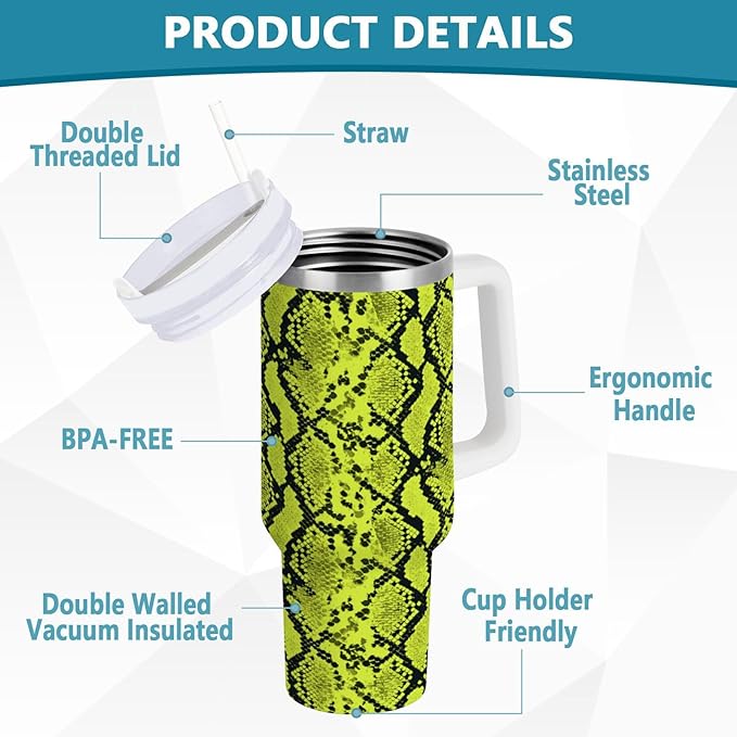 Boccsty Neon Green Snakeskin Insulated Tumblers Reusable Stainless Steel Tumbler 40 oz Cup Coffee Travel Mug Water Bottle with Handle & Flip Straw for Home Office Car
