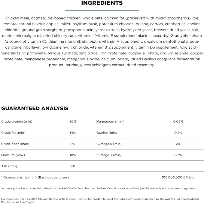 Go! Solutions Digestion + Gut Health, Dry Cat Food, Chicken Recipe with Ancient Grains, 12 lb Bag