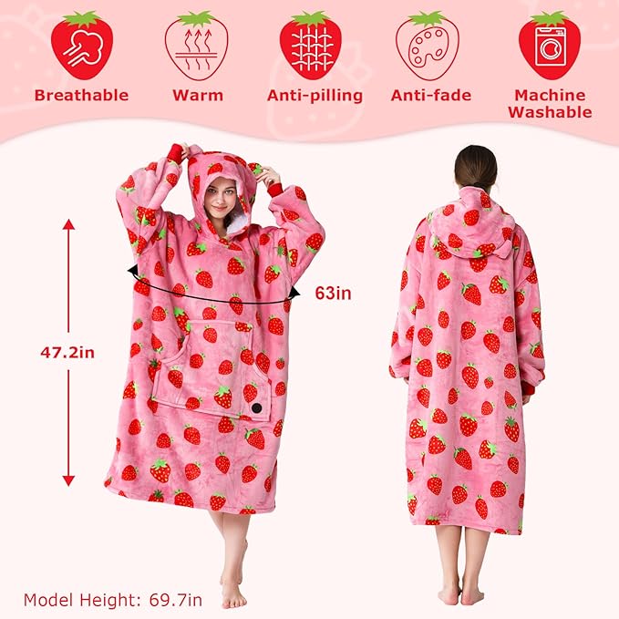 THREE POODLE Wearable Blanket Hoodie, Oversized Sherpa Sweatshirt Blanket for Adults Women Men, Warm Cozy Strawberry Hooded Blanket, Gifts for Mom Girlfriend