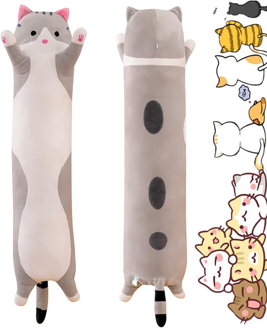 Long Gray Cat Plush Pillow Toy Sleeping Pillow Cute Cartoon Cat Stuffed Animals Soft Long Body Pillow Gift for Kids(27.55in)