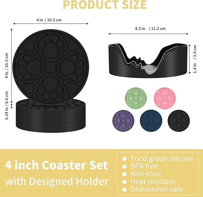 Black Silicone Coffee Coaster Set of 6 with Holder, 4 Inches Modern Bar Coasters for Desk, Tabletop Non Slip Decorative Cup Mat for Drinks, Beer, Beverage - Dishwasher Safe