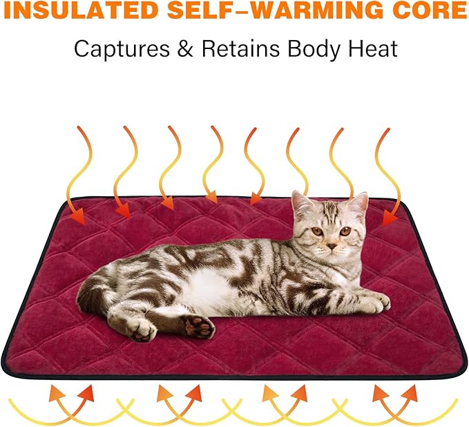 Self Warming Cat Bed, Pet Crate Pad for Indoor and Outdoor, Washable Heating Cat Mat Bed with Non-Slip Bottom for Cats, Puppy and Small Dogs - Deep Red, S:19"x28"