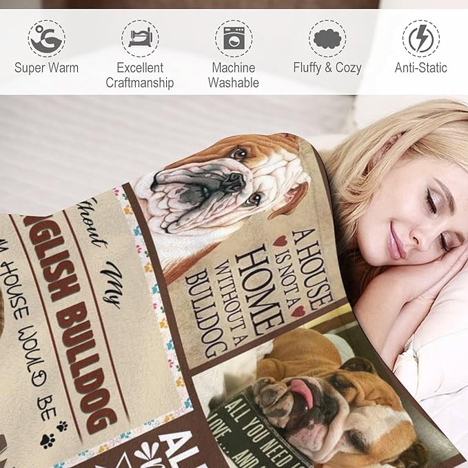 Bulldog Blanket Dog Frenchie Gifts for Girls Boys Woman Kids Bulldog Lover Throw Blankets Soft Blanket Warm Fleece Flannel Plush Blankets for Bed Sofa Couch 50"x60"