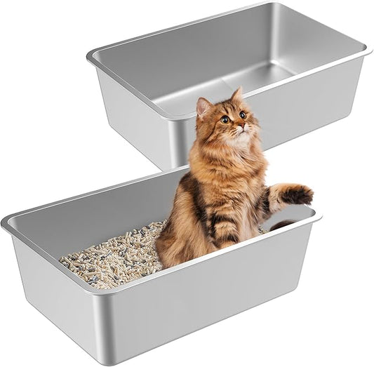 2 Pack Stainless Steel Cat Litter Box, XL Metal High Sides Litter Box for Kittens, 23.6"x15.8"x5.9"Indoor Litter Tray Easy to Clean, Rust-Resistant, Odor-Free