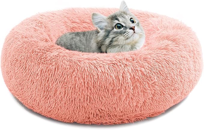 Small Cat Bed for Indoor Cats, Self-Warming Donut Kitty Bed for Small Cats Keeping Warm, Washable Pet Bed with Anti Slip Base, Pink 20‘’