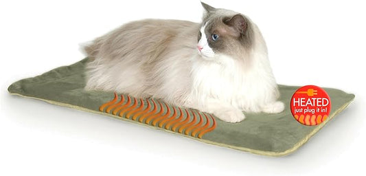 K&H Pet Products Heated Thermo-Kitty Mat, Indoor Heated Cat Bed, Pet Heat Pad for Indoor Cats and Small Dogs, Cat Heating Pad, Electric Thermal Warming Cat Bed Mat, Sage/Tan 12.5 X 25 Inches