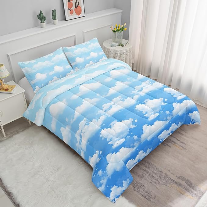 Axolotl Blue Cloud Comforter Set Full,Light Blue Bedding Set,Cloud Sky Comforter Set Blue Sky and White Clouds Design Bedding Set,Sky Blue Comforter for Kids Girls Boys Teens,1 Quilt 2 Pillowcases