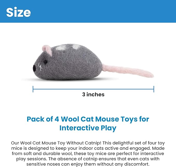 Wool Cat Mouse Toys – 4-Pack Handmade Felt Mice Without Catnip for Indoor Cats, Unique Cat Toys for Hours of Engaging Playtime Fun