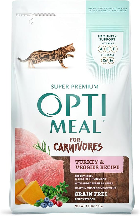 Optimeal Grain Free Cat Food - Proudly Ukrainian - Healthy Cat Food Dry Recipe for Gut Health, Tasty Dry Cat Food with Immunity Support for Adult Cats (3.3 lbs, Turkey & Veggies)