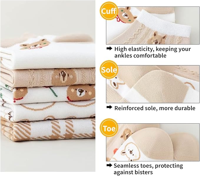 5/10 Pairs Combed Cotton Socks for Women with Cute Animals/Flowers Patterned Ankle Socks