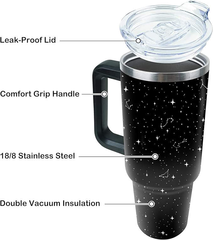 40 oz Tumbler with Handle and Straw, Stainless Steel Insulated Cup with Leak Proof Lid and Straw Lid, Keep Drinks Cold and Hot for Hours(Sun Moon)