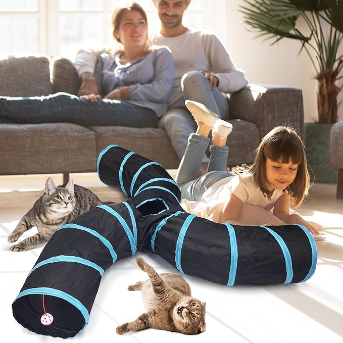 Bemodst Cat Tunnel for Indoor Cats, 2 Way/3 Way/4 Way/5 Way Cat Tubes and Tunnels Collapsible S-Shape Small Animal Tubes Kitty Tunnels Interactive Maze Cat Toy for Kitten Rabbit Ferret - 3-Way