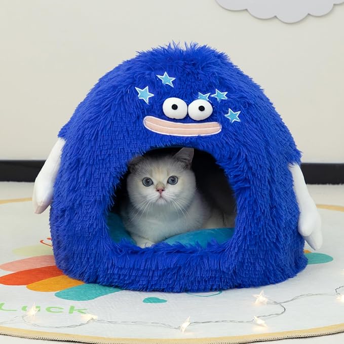 Hollypet Cat Beds for Indoor Cats, Cat Bed Cave, Cat House with Washable Cushion, Cat Bed Small for Kittens, Small Pets, Cat Tent Sleeping Bed, Cat Bed Warmer Pet Nest, Royal Blue Monster