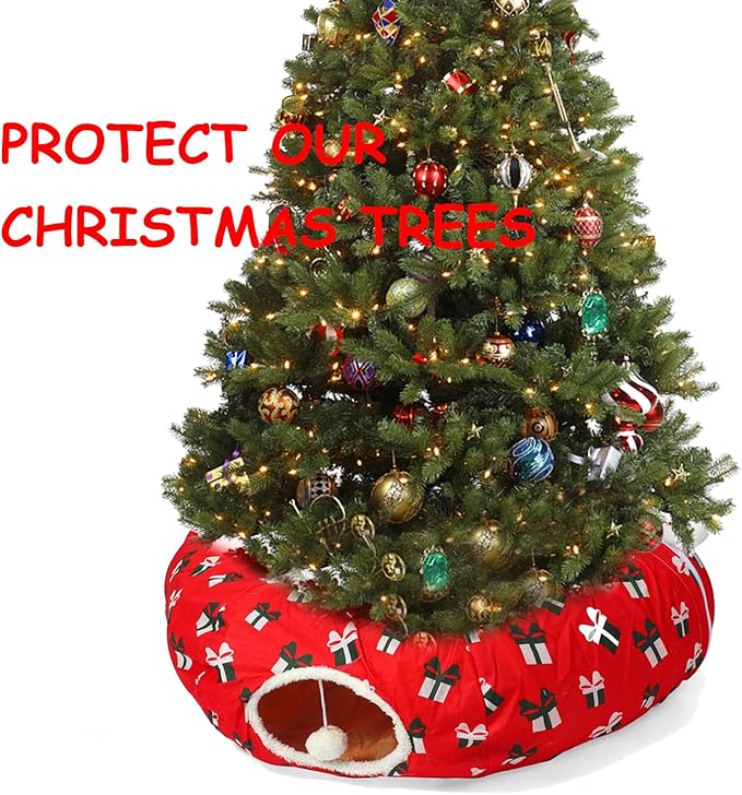 LUCKITTY Cat Tunnel Bed Under Christmas Tree 3FT x 3FT x 9.8IN - Decorative Christmas Style with Box Patterns - Red Color Perfect for Festive Felines Small Animals
