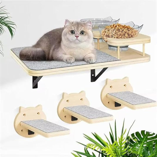 Cat Wall Shelves, Cat Shelves and Perches for Wall, Cat Shelves Wall Mount, Cat Wall Furniture with 3 Cat Wall Steps, Cat Climbing Shelf Cat Scratch Post, Cat Wall Shelf with 2 Cat Food Shelf