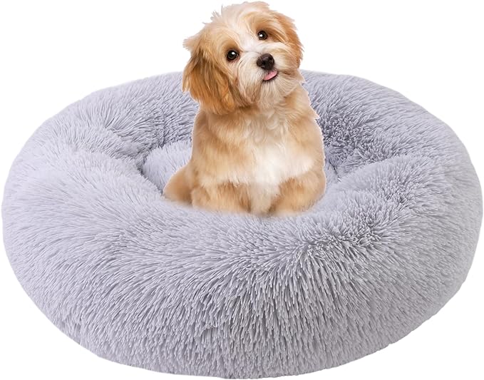 Calming Dog Bed, Dog Beds Fits up to 25 lbs Pets, Fluffy Donut Dog & Cat Bed Washable, Round Anti Anxiety Dog Bed, Small Dog Bed with Non-Slip Bottom (Light Grey, 24" x 24")
