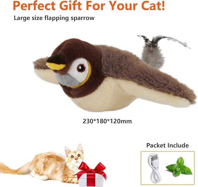 Flapping Bird Cat Toy, Rechargeable Lifelike Interactive Bird Cat Toys for Indoor Cats, Flapping Wings & Lively Chirping, Automatic Catnip Toys for Kitten Self Play Touch Activated (Sparrow)