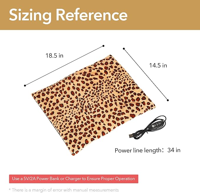 Portable Heated Pad for Cat, Puppy and Small Pet, 3-Temperature Settings, Washable, Safe 5V Voltage, Power-Bank Powered, Ideal for Indoor and Outdoor Use. 15" x 19" x 0.6" (Leopard Print)