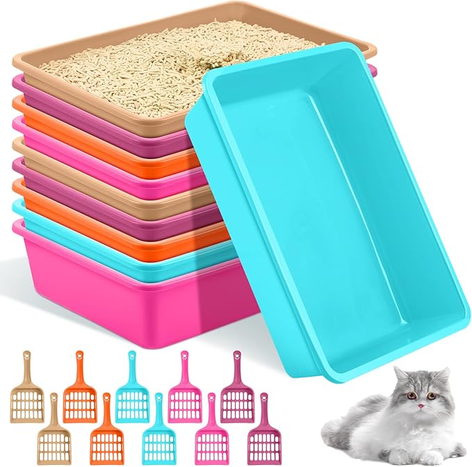 Amyhill 10 Pcs Open Cat Litter Box Kitten Litter Pan with 10 Scooper Medium Plastic Litter Tray Durable Nonstick Litter Box for Indoor Pets Cats Rabbit Supply Easy to Clean,14.6x10.6x3.4 Inch, 5 Color