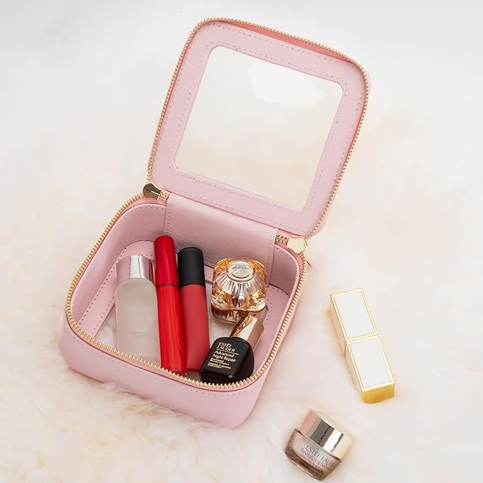 Aveniee Clear Makeup Bag Small, Mini Cosmetic Bags Travel Toiletry Bag, TSA Approved Clear Makeup Case Pouch with Zipper, Car Organizer Essentials for Women Men(Pink)