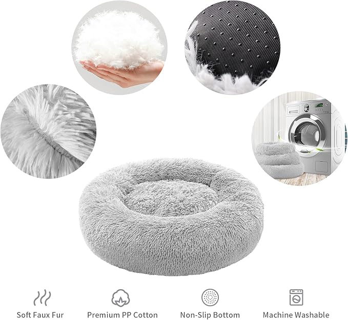 Small Cat Bed for Indoor Cats, Self-Warming Donut Kitty Bed for Small Cats Keeping Warm, Washable Pet Bed with Anti Slip Base, 23‘’ Grey