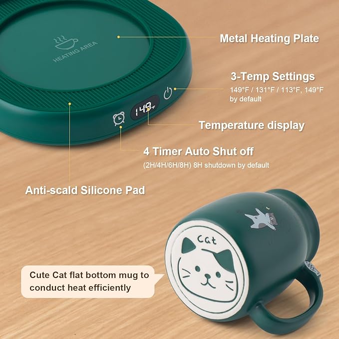 Bsigo Cute Cat Mug Set & Electric Smart Mug Warmer for Home & Office, Beverage Tea & Coffee Cup Warmer with 3-Temp Settings, 8H Auto Shut Off, Green
