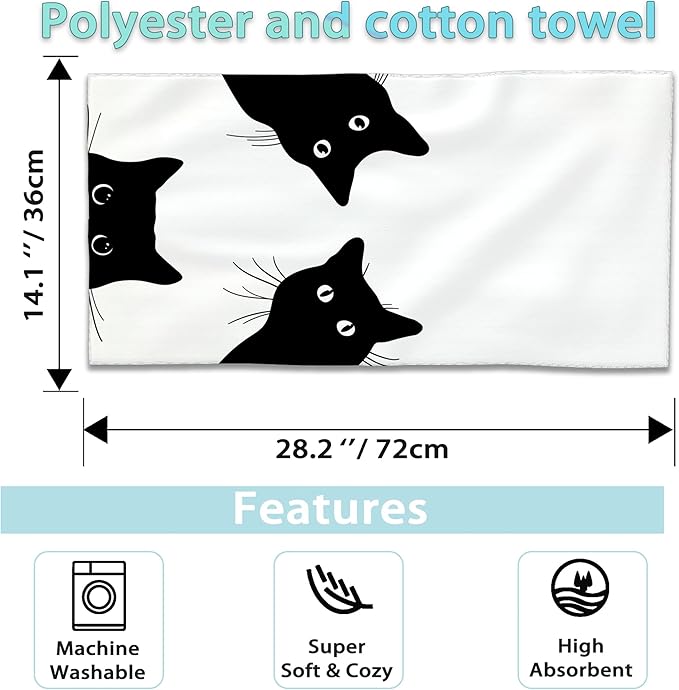 Black Cat Hand Towels - Set of 2, Soft Polyester Cotton Bath Towels - 14"X28"