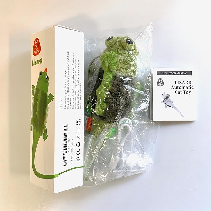 Migipaws Cat Toys, Touch Activated Flapping Chirping Lizard Kitten Toy with Catnip for Indoor Cats Kicker, Rechargeable （Green）