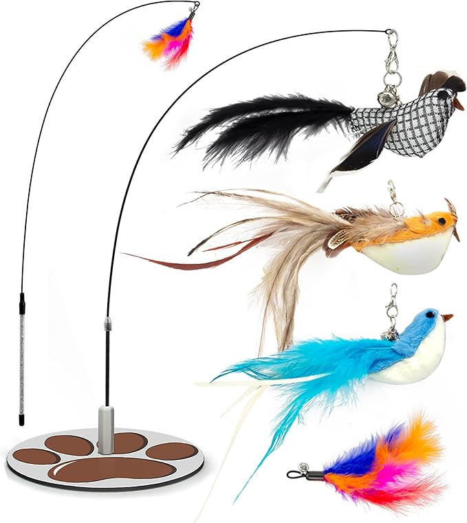 Interactive Cat Toy for Indoor,Metal Base Cat Toy,Cat Wand Toy Bird Simulation Toys Feather Toy 6 PCS Cat Toy Set