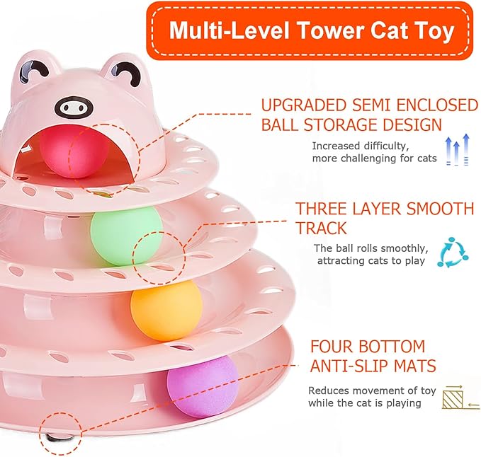 Cat Toys, 4-Level Turntable Ball Track Interactive Cat Toy for Indoor Cats, Self Play Fun Roller with Colorful Rotating Ball Puzzle Exercise Kitten Toys (Pink)