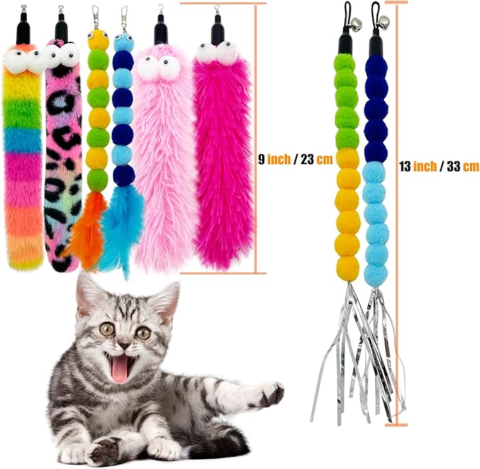 Cat Worm Toy Refills Cat Wand Replacement Worms Cat Toy, 8 PCS Cat Wand Attachments Assorted Worm Feather for Cat Toys