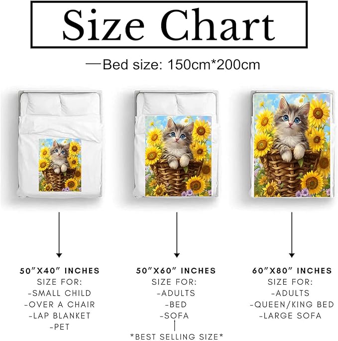 Cute Cat & Sunflowers Blanket - Ultra Soft & Cozy Flannel Kitten Throw Blankets, Warm, Lightweight & Fuzzy - Perfect for Bed, Couch, Travel & Outdoor Use - for Men Women Adults 60"×50"