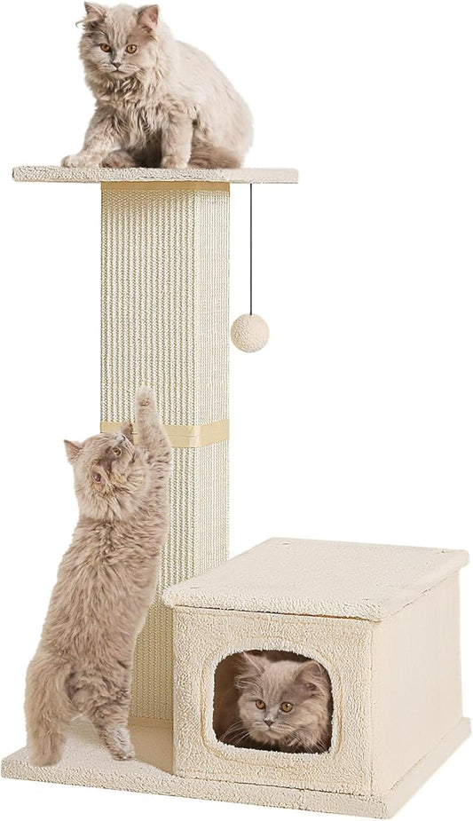 Small Cat Tree, 31 Inches Tall Cat Scratching Post with Perch & Condo, Natural Woven Sisal Cat Post Sctacher, Kitten Scratching Posts for Indoor Cats, Cat Scratch Tower with Fluffy Ball, Beige