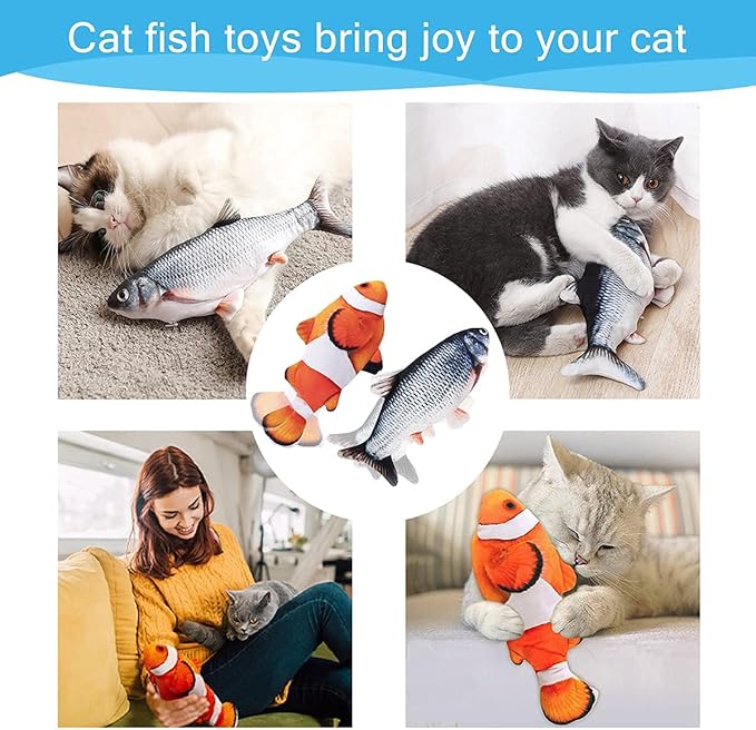 Interactive Cat Toys Flopping Fish with Catnip, Moving Cat Toys for Indoor Cats 2Pack, 11" Electric Automatic Cat Kicker Exercise Toy, Wiggle SilverVine Floppy Fish for Small Dogs, Kitten