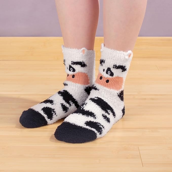 BambooMN Super Soft Cozy Warm Cute Animal Non-Slip Fuzzy Crew Winter Socks, 1 Pair Cow