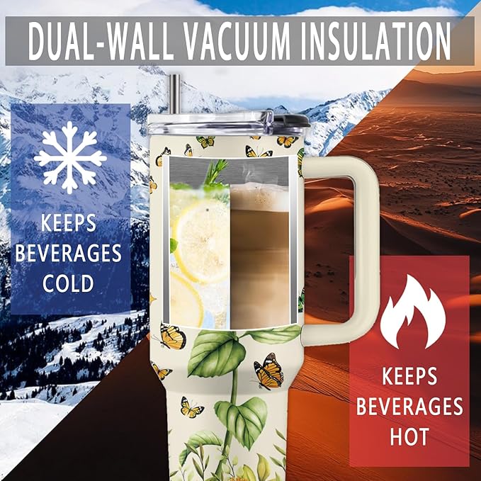 Butterfly Gift, 40 Oz Just a Girl Who Loves Butterflies Tumbler with Handle & Straw, Birthday Gifts for Animal Lovers Women Men, Stainless Steel Yellow Butterfly Tumbler